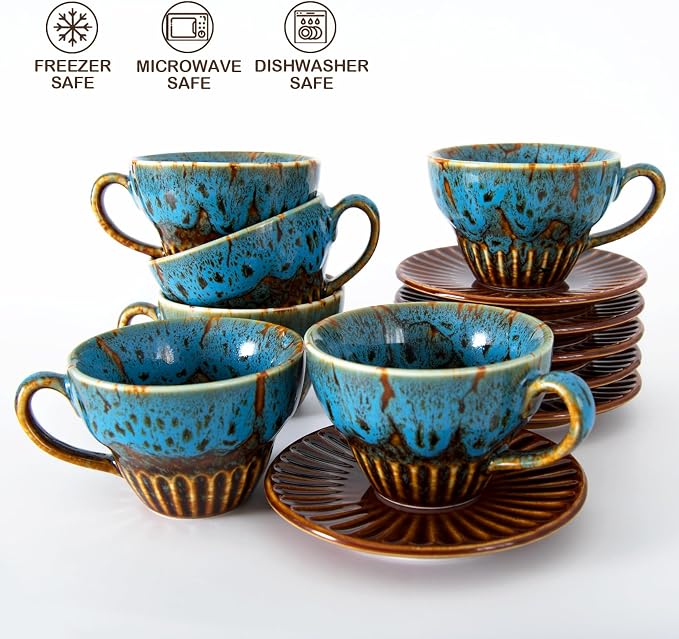2 oz Espresso Cups Set of 6, Ceramic Cappuccino Cups with Saucers, Stackable Coffee Cup for Macchiato, Single shot, Tea, Coffee Lover Gifts, Glazed Blue