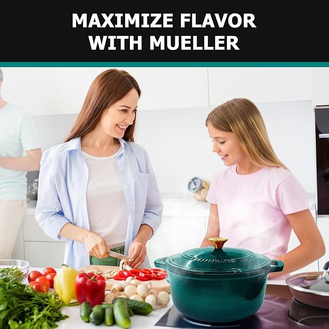 MUELLER HOME 4.5 QT Enameled Cast Iron Dutch Oven, Heavy-Duty Casserole Dish and Braiser Pan with Lid, Oven-Safe up to 500° F & Across All Cooktops, Housewarming Gifts New Home, Emerald