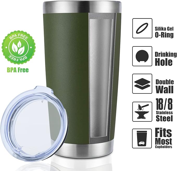 DOMICARE 20oz Stainless Steel Tumbler Bulk with Lid, Double Wall Vacuum Insulated Travel Mug, Powder Coated Coffee Cup, Army Green, 4 Pack