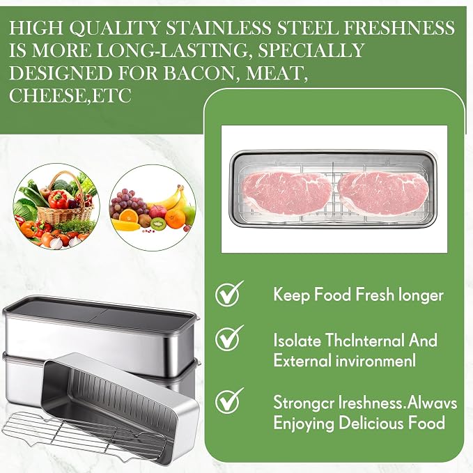 Hushee 3 Set 304 Stainless Steel Containers for Fridge with Removable Drain Tray 60 oz Rectangular Airtight Food Container with Lids for Fruit Bacon Deli Meat Storage(10.43 x 3.94 x 2.76 Inch)