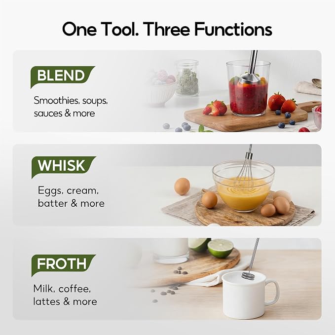 Cordless Immersion Blender, 3-in-1 Hand Blender with Charger | Blend Anywhere: Wall Charger, Brushless Motor, Whisk & Frother, 60+ Bowls, Smoothies, Soup, Baby Food
