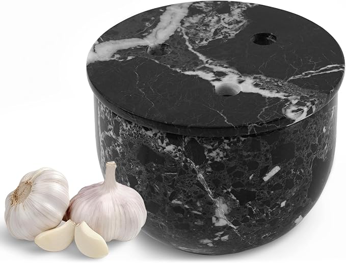 Radicaln Marble Garlic Keeper With Lid 4.5 Inch Black Handmade Garlic Storage and Garlics Container For Kitchen, Keep Fresh Garlic Cloves, Ideal Garlic Keeper for Counter