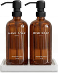 Amber Glass Hand and Dish Soap Dispenser Set by Brighter Barns - Kitchen Soap Dispenser Set with Tray for Kitchen, Airbnb, Vacation Rental or Restaurant - Modern Kitchen Decor & Accessories (Amber)