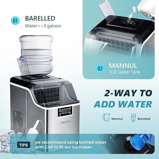 EUHOMY Ice Cube Maker Machine Countertop, 2 Ways to Add Water, 45Lbs/Day 24 Pcs Ready in 13 Mins, Self-Cleaning Portable Compact, with Ice Scoop & Basket, Perfect for Home/Kitchen/Office/Bar