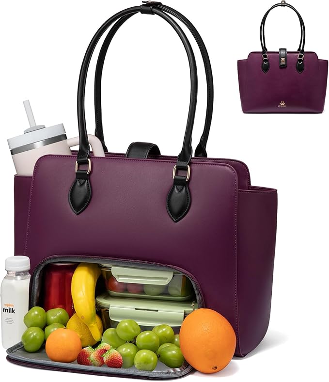 LOVEVOOK Lunch Tote Bag for Women, 2-in-1 Work Tote Bag with Lunch Compartment, Insulated Lunch Bag & 15.6 Inch Laptop Bag for Women, Ideal for Teacher, Nurse and Camping Use, Purple
