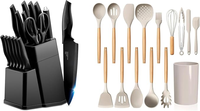 LIANYU Kitchen Knife Set with Block and 15-Piece Kitchen Cooking Utensils Set with Holder, 15 Pieces Knife Block Set with Sharpener and Silicone Kitchen Tools Include Spatula Tong Slotted Spoon Turner