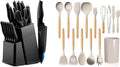 LIANYU Kitchen Knife Set with Block and 15-Piece Kitchen Cooking Utensils Set with Holder, 15 Pieces Knife Block Set with Sharpener and Silicone Kitchen Tools Include Spatula Tong Slotted Spoon Turner