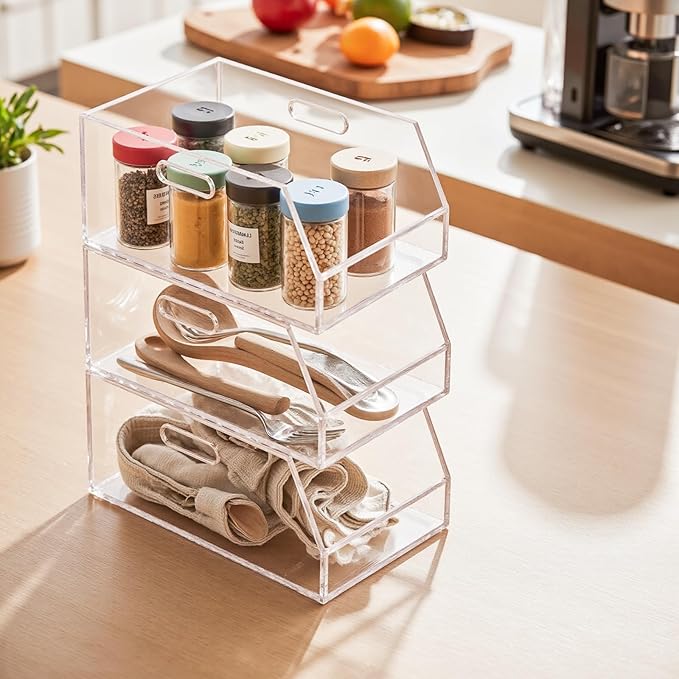 Gelite Stackable Storage Bins Open Front Clear Organizer Bins with Handles Acrylic Storage Container for Pantry Kitchen Cabinet Bathroom Closet Office Organization, 15.4x11.4x6.7''