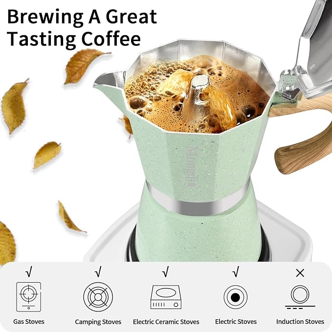 Mongdio Stovetop Espresso Maker Moka Pot, Cuban Coffee Maker Stove top coffee maker Moka Italian Espresso Greca Coffee Maker Brewer Percolator, 12 Espresso Cups, 20 oz - Green