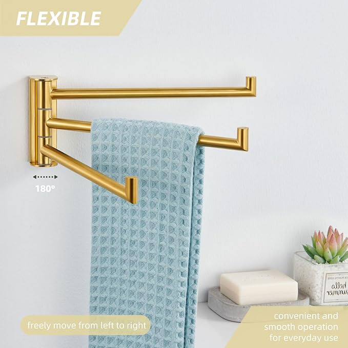 Angle Simple Swivel Hand Towel Rack, SUS 304 Stainless Steel Foldable 3 Towel Holder Bars for Bathroom Kitchen, Brushed Dark Gold