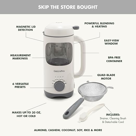 GreenPan 30oz Nut Milk Maker Machine, 15-in-1 for Homemade Almond, Oat, Soy, Coconut, Plant-Based Non-Dairy Beverages, Soups, BPA-Free Glass, Automatic Self-Clean, Delay Start, Cream