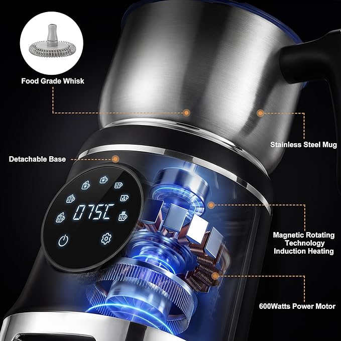 7-IN-1 Milk Frother, 20.3 OZ Milk Frother and Steamer with Temperature Control Stainless Steel Electric Milk Frother Dishwasher Safe Hot and Cold Foam for Latte Hot Chocolate Cocoa (Black)