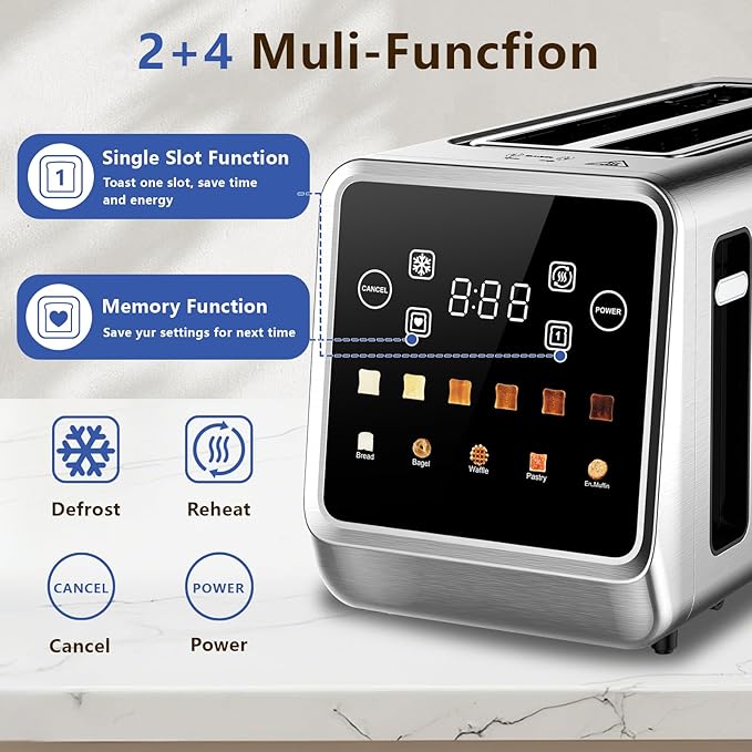 SAKAMOSH Smart Toaster 4 Slice, Touch Screen, Digital Toasters with 6 Browning Levels & 5 Bread Types, Bagel, Extra Long Wide Slots, Memory Function, Timer, 1400W, Stainless Steel