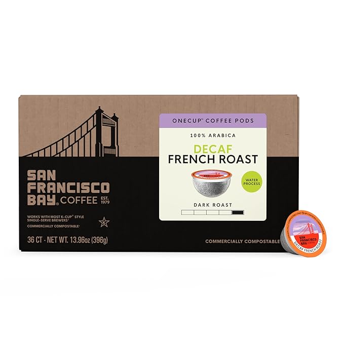 San Francisco Bay Decaf K-Cup Coffee Pods, Decaf French Roast (80 ct), Dark Roast, Commercially Compostable Single-Serve Coffee Pods, Swiss Water Process