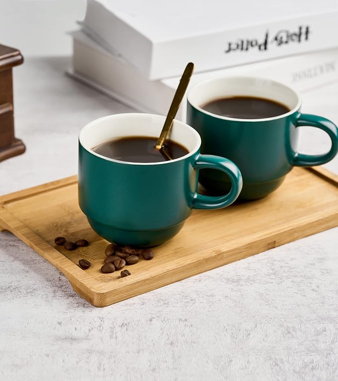 YHOSSEUN Stackable Coffee Mugs, Coffee Mug Set of 4 with Rack and Spoons, 11 oz Tea Cup Set for Espresso Drinks Cappuccino Latte, Coffee Cup Christmas Gift, Dark Green
