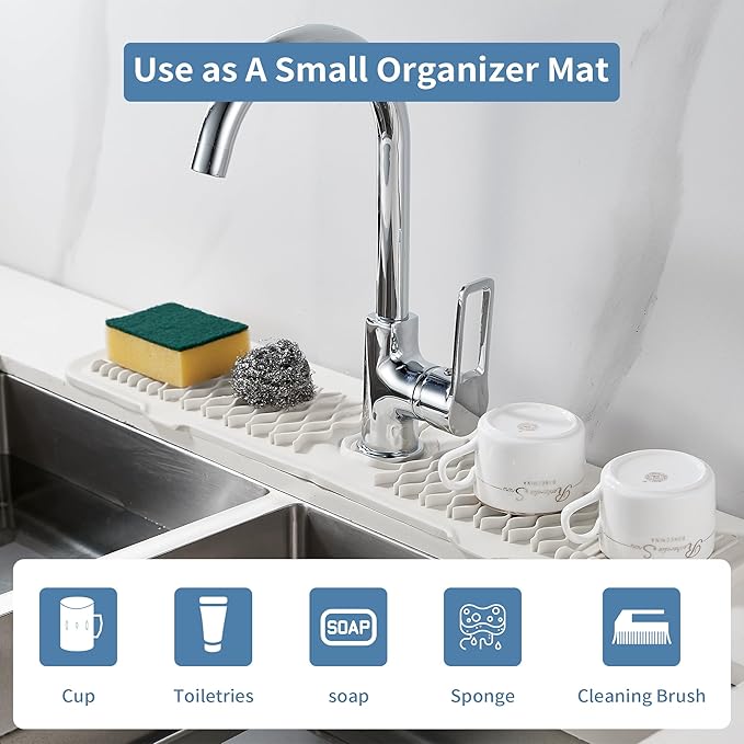 Kitchen Sink Splash Guard,24inch Silicone Draining Mat White Cream Longer Silicone Faucet Handle Drip Catcher Tray Kitchen Sink Splatter Screen for Kitchen