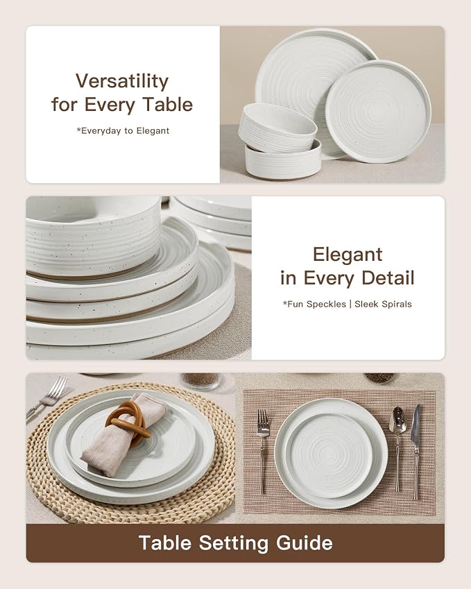 Stoneware Dinnerware Sets for 4, 12-Piece High Edge Plates and Bowls with Speckled Glaze & Spiral Design - Chip & Scratch Resistant, Microwave & Dishwasher Safe - Farmhouse, White