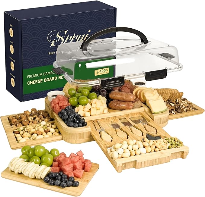 Charcuterie Board with Lid Gift Set - Cheese Bamboo Tray with Utensils, 2 Sauce Bowls,Fruit Tray and Food-Grade Seal Included - Portable with Handle for Travel, Parties, Kitchen Gifts for Women