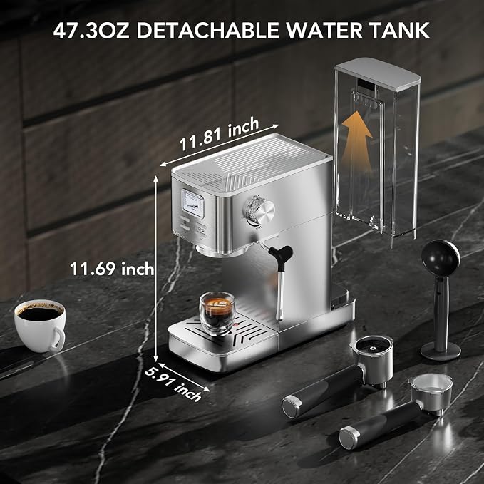 COWSAR Espresso Machine 20 Bar, Compact Espresso Maker with Milk Frother, Visual Pressure Gauge, Commercial Coffee Machine, 47oz Removable Tank/Capsule Funnel, for Cappuccino, Latte, Stainless Steel