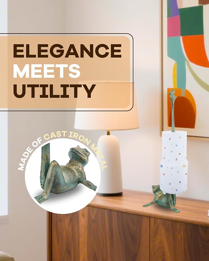 16.5" Golden-Green Frog Paper Towel Holder for Bathroom & Kitchen - Whimsical Cast Iron Free Standing Paper Roll Holder, Decorative Toilet Paper Stand with Weighted Base