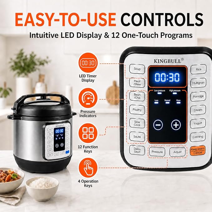 KINGBULL 8QT Electric Pressure Cooker, 12-in-1 Stainless Steel Multi Cooker with Nonstick Inner Pot, Slow Cooker, Rice Cooker, Steamer, Sauté, Yogurt Maker, Warmer, Delay Start