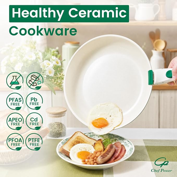 Chef Power Ceramic Cookware Set Non Toxic with Detachable Handles, Healthy Nonstick Decal Pans and Pots Set 14 Pcs, Induction Dishwasher Oven Safe Kitchen Set, Cream White with Olive Branch