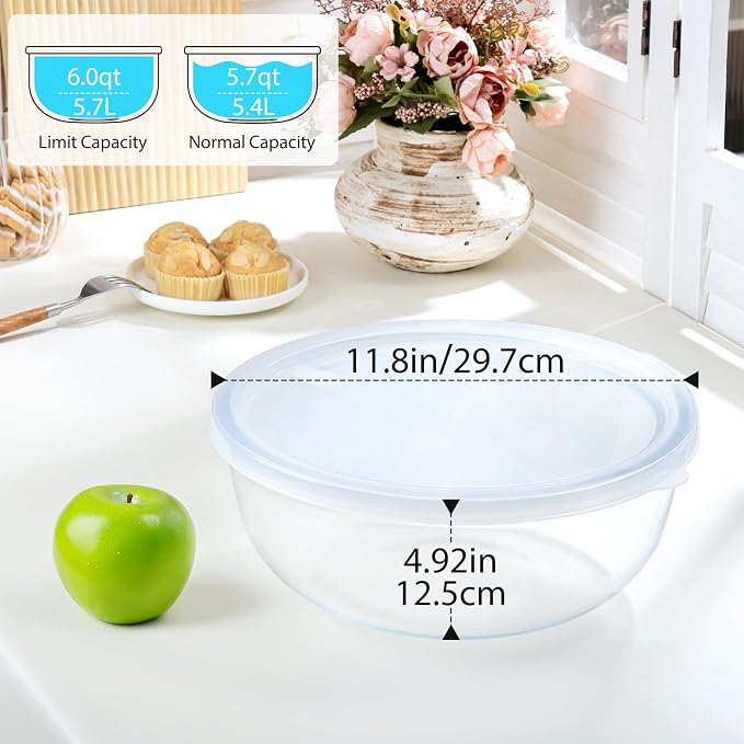 NUTRIUPS 6 QT Large Glass Mixing Bowl with Lid, Large Glass Mixing Bowl for Sourdough, Big Glass Bowls for Salad (White)