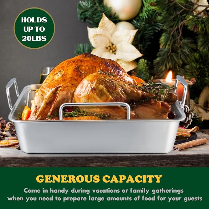 E-far Roasting Pan, 16 x 11.5 Inch Stainless Steel Turkey Roaster with V-shaped & Flat Rack, Non-toxic & Heavy Duty Deep Broiling Pan, Dishwasher Safe - Large