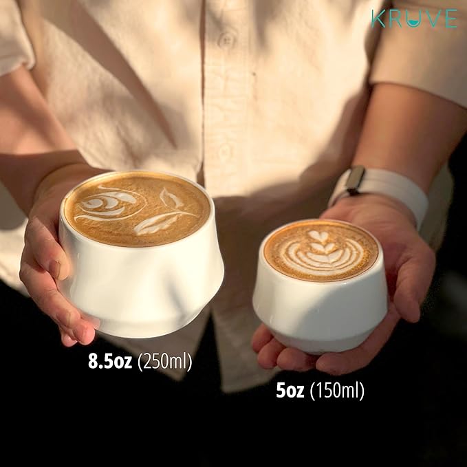 KRUVE IMAGINE Porcelain Latte Coffee Cups, Double Walled Espresso Cups, Glass Cups Set of Two - 8.5oz Thermal Spherical Design for Latte Art, Insulated Coffee Mugs for Heat Retention (Black)