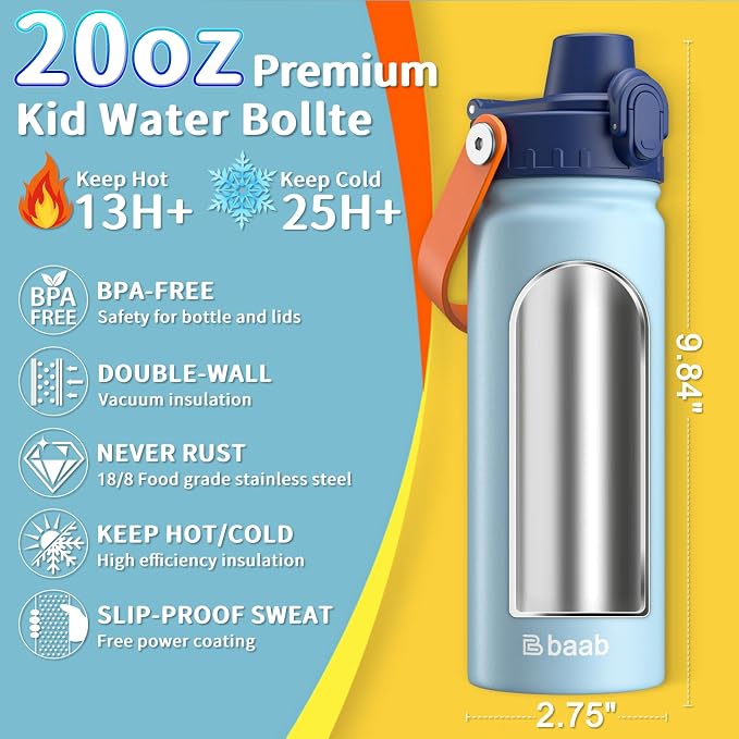 baab 20oz Kids Water Bottle, Insulated Kids Water Bottle with Lockable Spout Lid & Stickers, 18/8 Stainless Steel Vacuum Leakproof Kid Water Cup for Boy Girl & School (Navy Blue+Grey, 2 Pack)