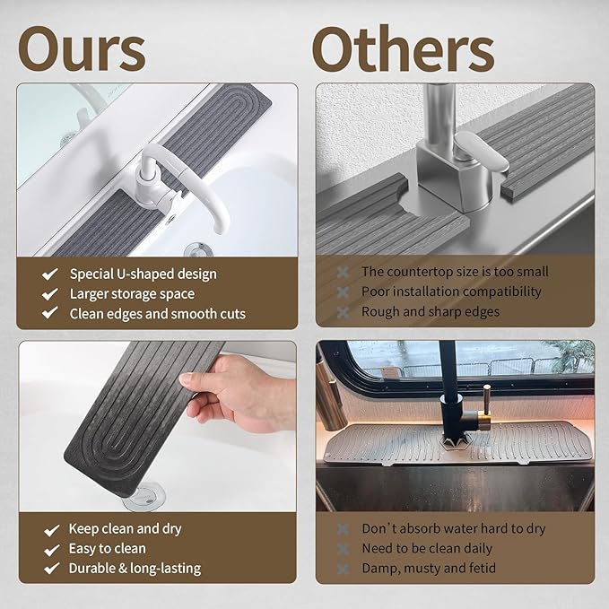 Faucet Mat for Kitchen Sink, Diatomite Stone Drying Sink Protectors, Bathroom Faucet Splash Guard, Quick Dry Water Absorbing, Non-Slip Stone Tray for Kitchen Counter, Grey, 15.7" x 3.9"