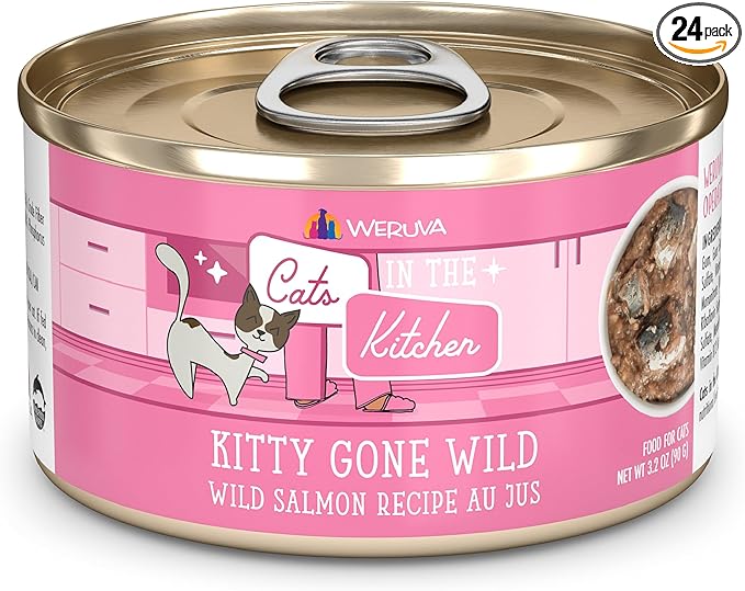 Weruva Cats in The Kitchen, Kitty Gone Wild with Wild Salmon Au Jus Cat Food, 3.2oz Can (Pack of 24)