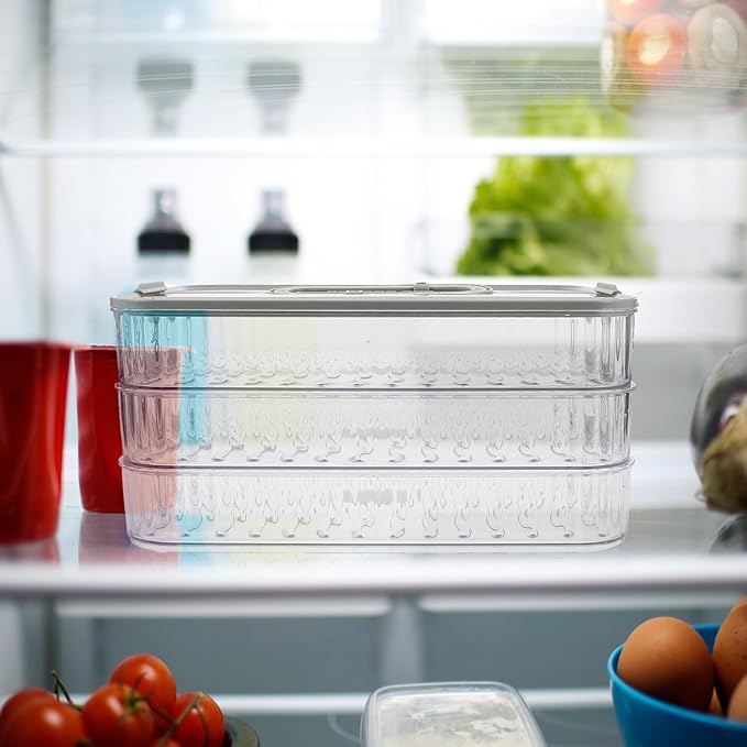 KALLORY Triple-layer Food Storage Container for Refrigerator, Stackable Lunch and Snack Boxes with Lid, Plastic, Detachable Design, Suitable for Meal Prep and Bacon Storage