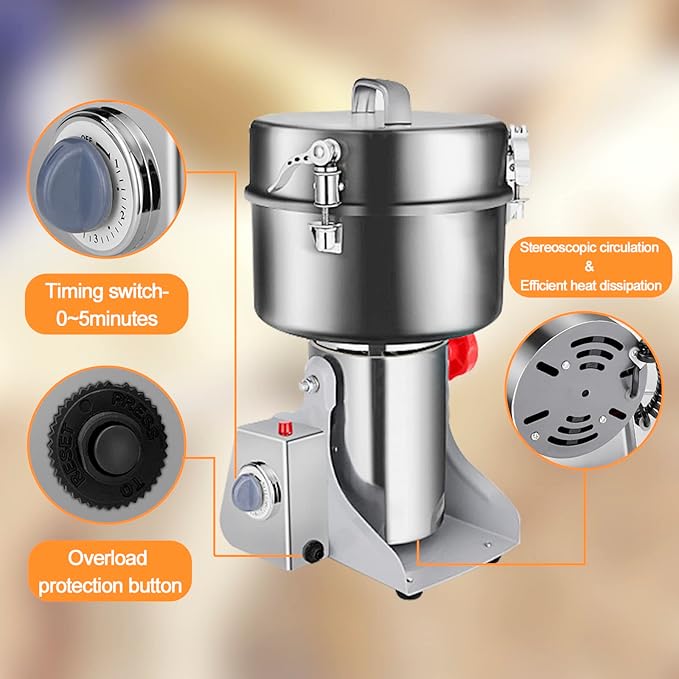 Swing Grain Mill 2500g,Electric Grain Grinder,Stainless Steel Grain Mill Grinder 4500W,High-speed Spice Herb Grinders Commercial Superfine Machine Dry Cereals Pulverizer 110V