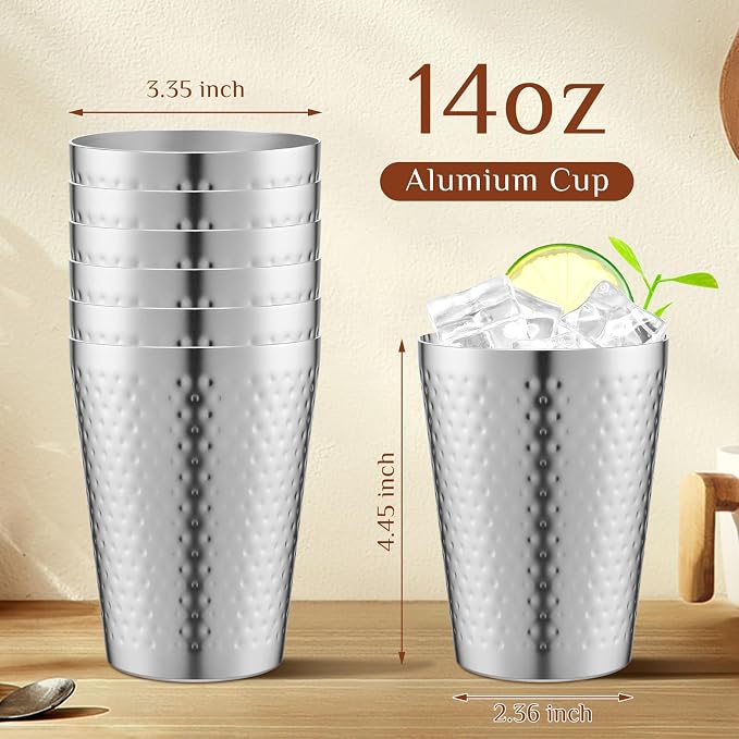 Tanlade 12 Pcs Aluminum Cups Bulk, 14 oz Copper Color Water Tumblers, Metal Cups for Drinking, Hammered Surfaces Mirror Finish Stackable Cold Glasses for Red or White Wine Iced Coffee (Silver)