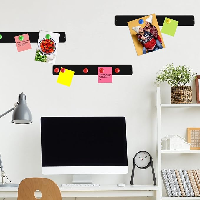 6 Pcs 15" x 2" Magnetic Display Board Souvenir Bulletin Board Strip Set with 48 Pcs Colorful Magnet for Office Home Wall Display Notes, Photos(Black)