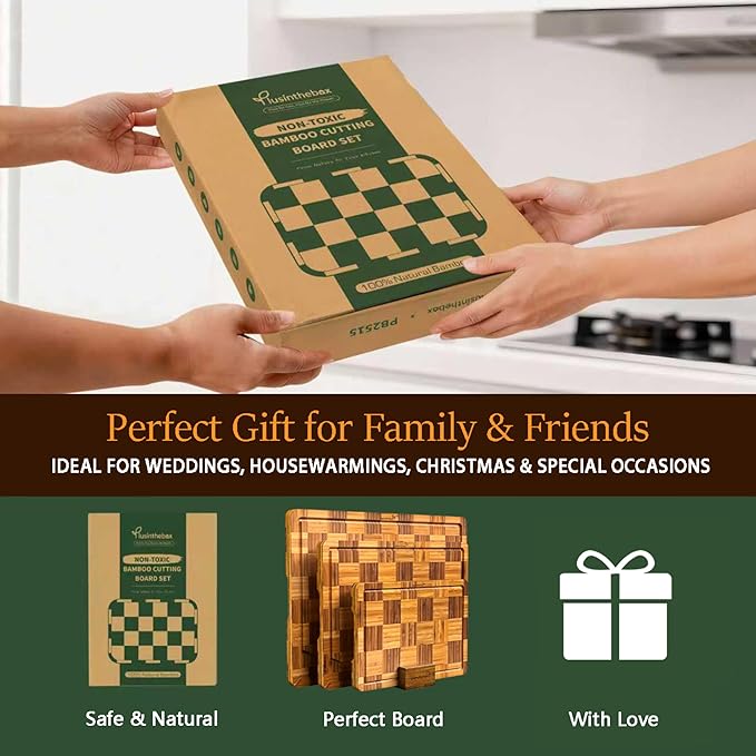 Bamboo Cutting Board Set of 3 for kitchen Checkered End Grain Chopping Boards with Storage Stand & Deeper Juice Grooves | Reversible Butcher Block for Meat, Cheese, Charcuterie & Kitchen Prep