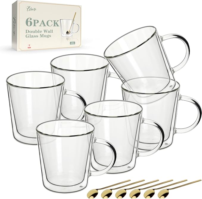 LIBWYS 12oz Double Wall Glass Coffee Mugs, Cappuccino Latte Tea Cups with Handle, Heat Resistant Borosilicate Insulated Clear Glasses (Set of 6)