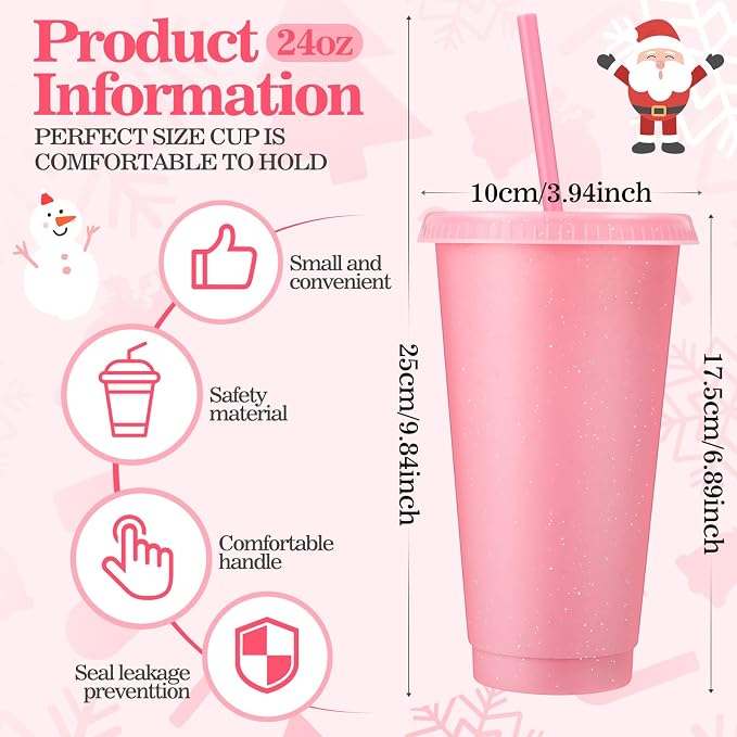 Honeydak 60 Pack Tumbler with Straw and Lid Bulk Cups for Gifts Glitter Plastic Coffee Cups 24-27 oz Reusable Water Bottle Iced Coffee Travel Mug Party Favors for Birthdays Travel (Light Pink)