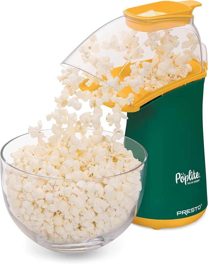 Presto 04870 Poplite Hot Air Popcorn Popper - Built-In Measuring Cup + Melts Butter, Easy to Clean, Built-In Cord Wrap, 18 Cups, Green/Gold