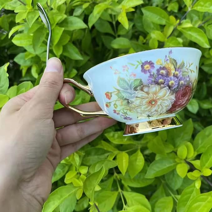 Honorable Coffee Cup Mug, Cappuccino, Tea Cup, with Saucer for Latte, Fine Bone Porcelain, Reactive Glaze, 6.8 Oz-1pcs (Flowers in Full Bloom)