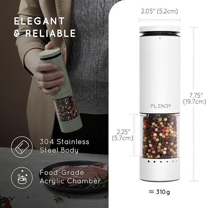 Flendy Electric Salt and Pepper Grinder Set Rechargeable, Automatic Salt and Pepper Grinder Set with Oversized Top Button, Stainless Steel Electric Salt and Pepper Shakers Set