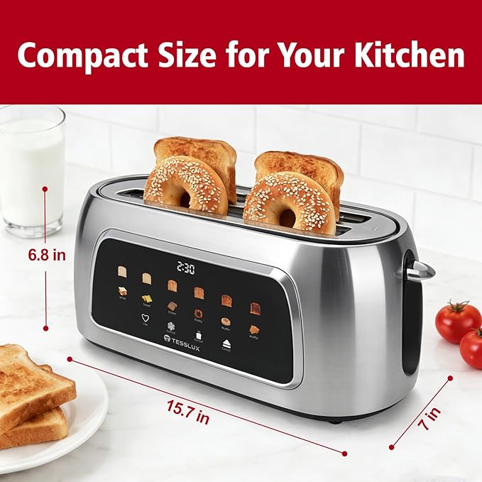 Tesslux 4 Slice Toaster with Touch Screen Control, 1.5" Wide Long Slots, 6 Browning Levels & 6 Bread Types, Digital Timer, Memory, Defrost, Reheat (Silver, 4 Slice)