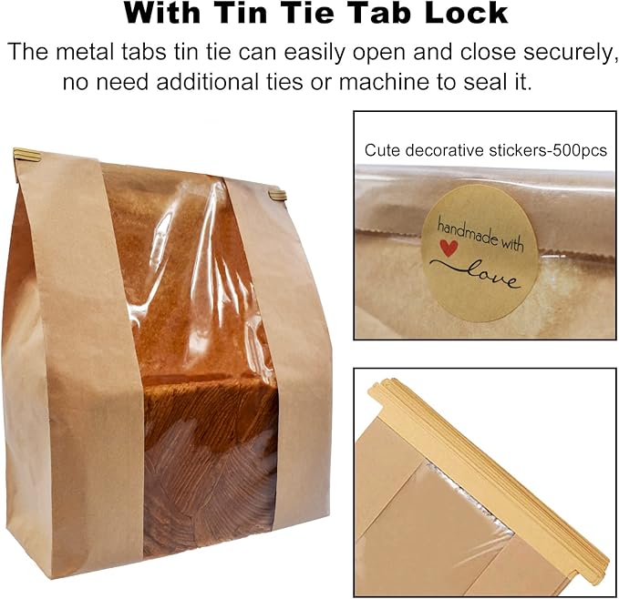 100 Pack Large Paper Bread Bags for Homemade Bread Sourdough Bags 14" x 8.3" x 3.5" with Tin Tie Tab Lock Clear Front Window Bakery Bag Packaging Cookie Bag with Label Seal Stickers