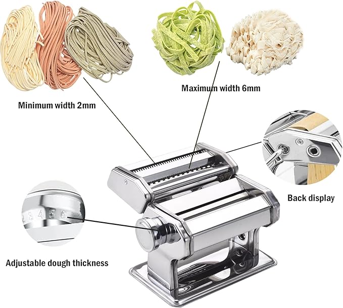 Pasta Maker Machine, Manual Pasta Makers 9 Adjustable Thickness Settings, Noodles Maker with Aluminum Alloy Rollers and Cutter for Spaghetti, Fettuccini, Lasagna, Dumpling Skins (with Brush)