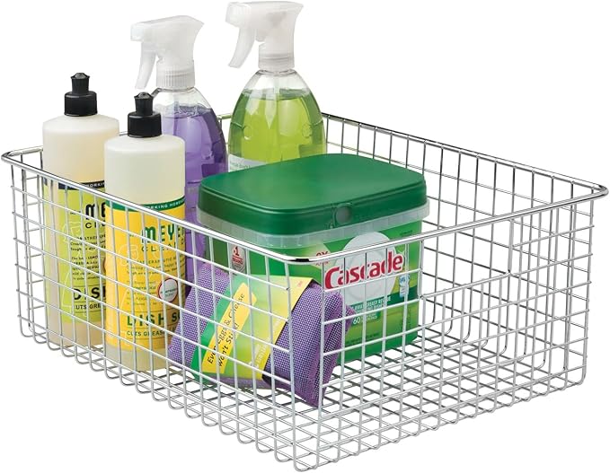 mDesign Metal Wire Food Storage Basket Organizer with Handles for Organizing Kitchen Cabinets, Pantry Shelf, Bathroom, Laundry Room, Closets, Garage - Concerto Collection - 2 Pack - Chrome