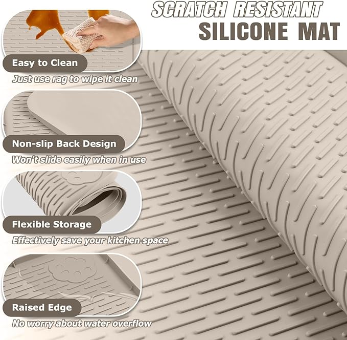 Kalolary Silicone Dish Drying Mat for Kitchen Counter, Extra Large 40" x 28" Dish Drying Pad Mat, Silicone XL Dish Drainer Mat for Dishes with Raise Edge Non-Slip Easy to Clean (Khaki)