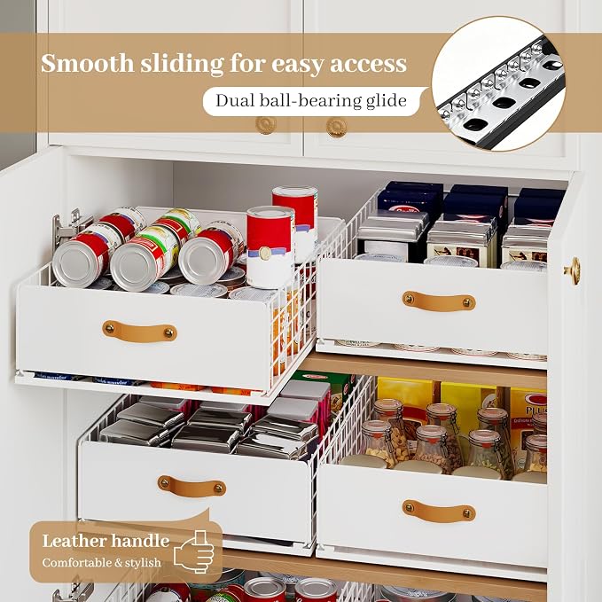 Pull Out Cabinet Organizer, No-Drill Pantry Drawers, Slide Out Shelves with Bamboo Risers for Lipped Cabinets,Ideal for Kitchen, Bathroom & Under Sink Storage (White, 15.8" Wide-21 Deep)