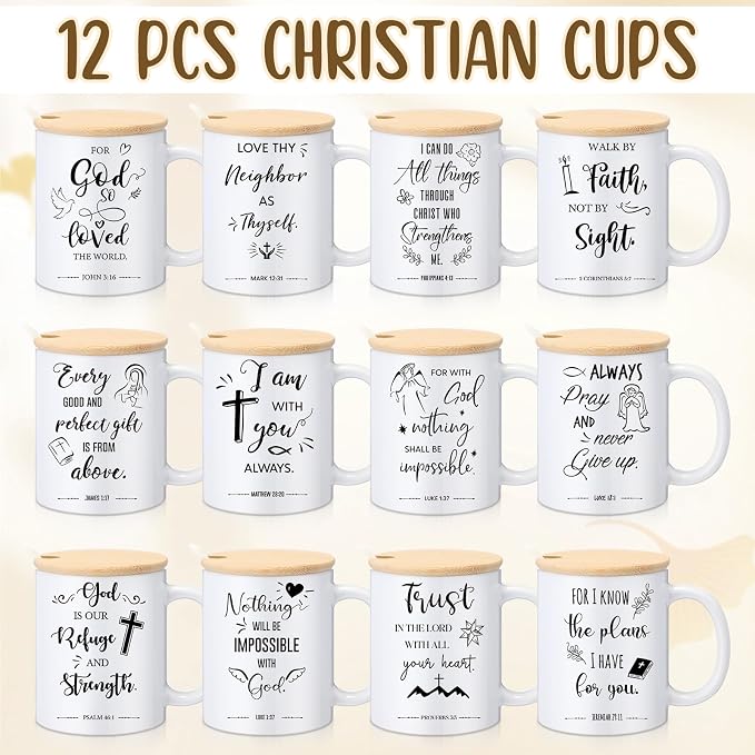 Didaey 12 Sets Christian Gifts Bulk Religious Coffee Mugs 12oz Bible Verses White Ceramic Cup with Lid Handle Spoon Inspirational Mug Church Gift for Men Coworker Employee Staff(Religious)