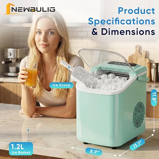NEWBULIG Ice Maker, Countertop Ice Machine with Handle | 9 Bullet Cubes in 6-8 Mins, 26lbs Daily, Self-Cleaning with Basket and Scoop for Home/Kitchen/Camping/RV